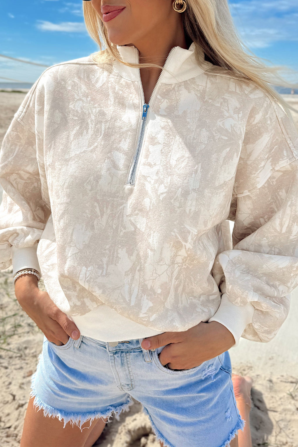 Camo Quarter-Zip Drop Shoulder Long Sleeve Sweatshirt