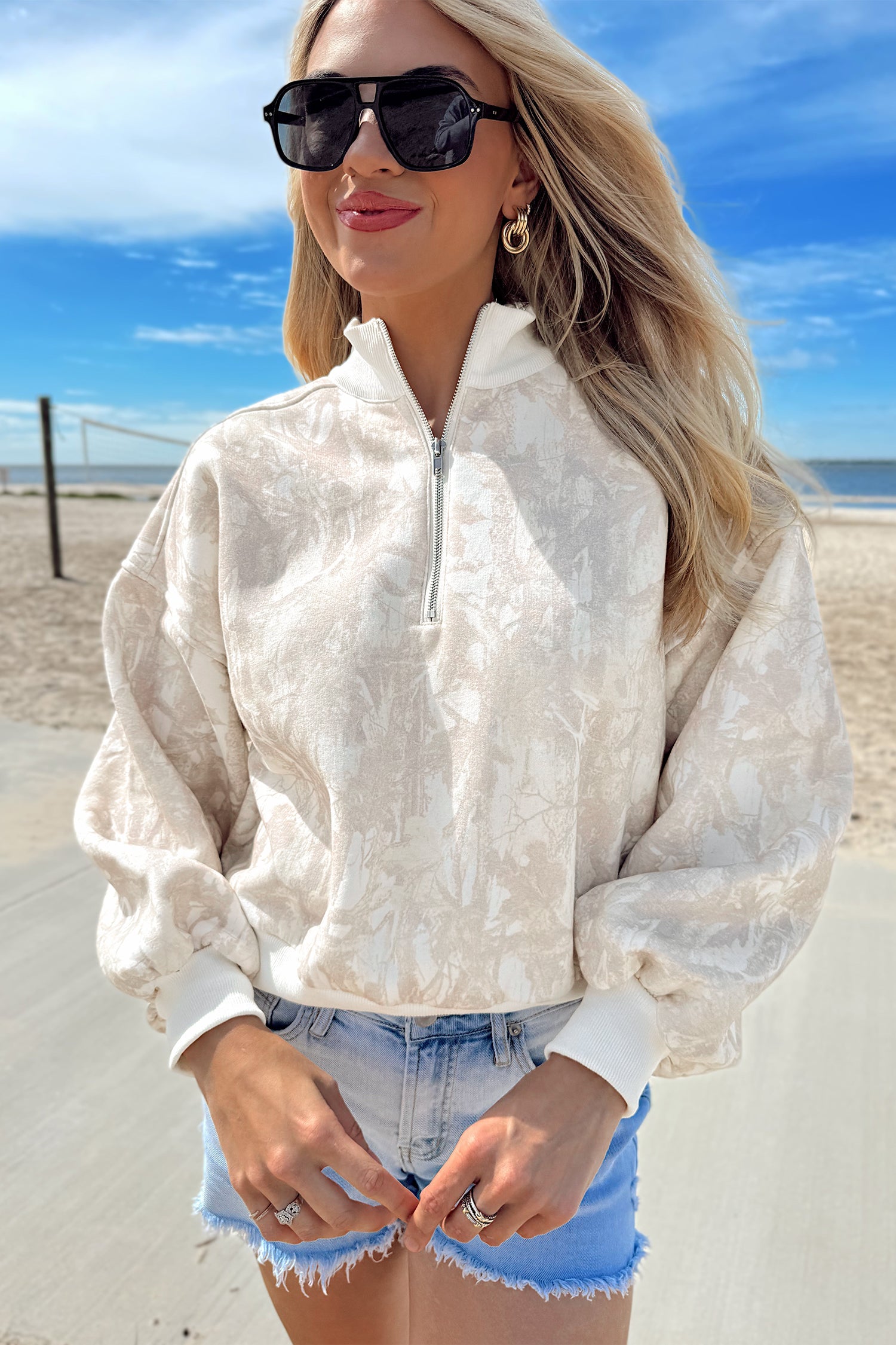 Camo Quarter-Zip Drop Shoulder Long Sleeve Sweatshirt