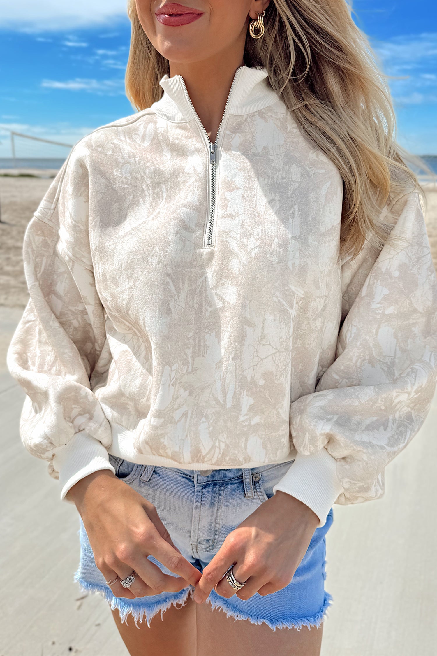 Camo Quarter-Zip Drop Shoulder Long Sleeve Sweatshirt